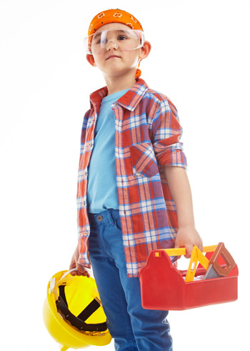 boy construction worker with play tools