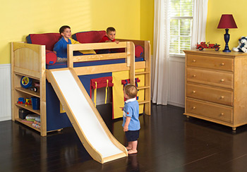 boys playing on a Maxtrix low loft bed with slide
