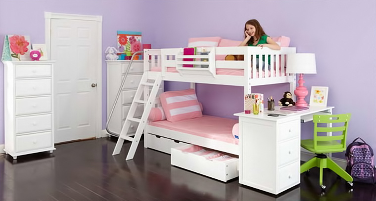 bunk bed with slanted ladder and storage beneath the bed