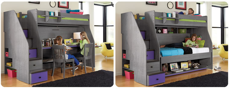 Berg transforming loft bed with study desk in pewter color