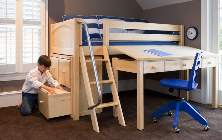 blue chair by desk and natural wood color low storage loft bed