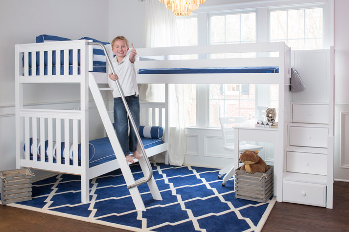 boy giving thumbs up by his corner Maxtrix bunk bed in large size