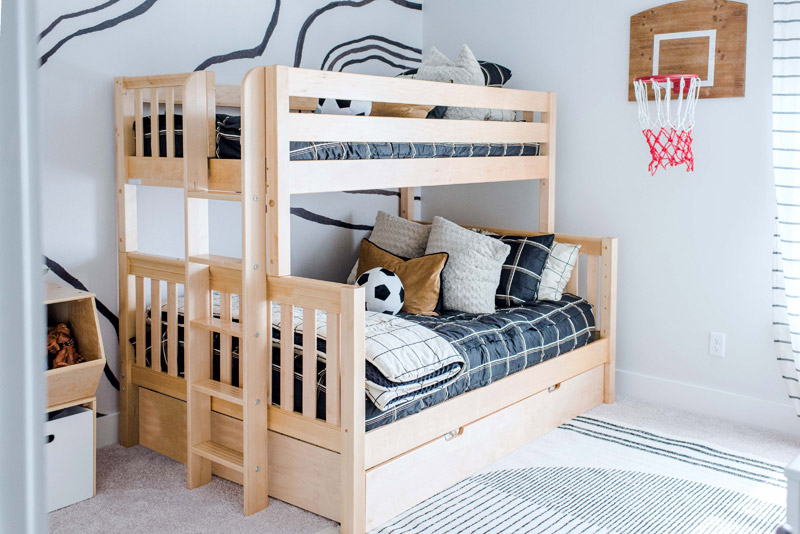 boys basketball decorated room with twin over full bunk bed