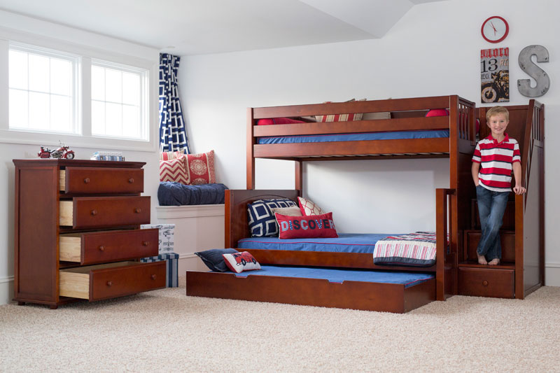 boys Maxtrix bedroom with a twin over full bunk bed and trundle bed