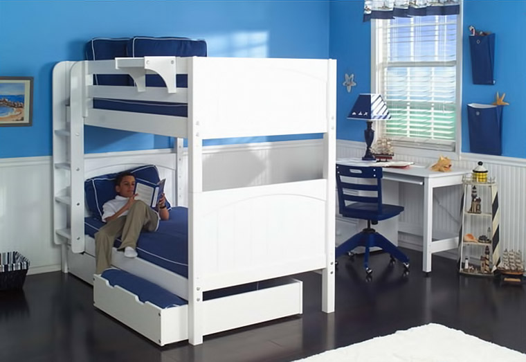 white bunk bed with blue and underbed storage drawer