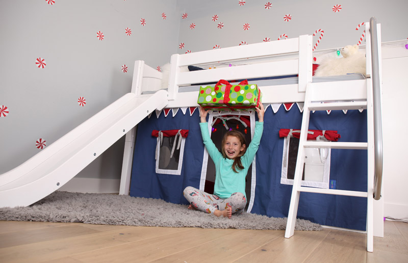 candycane christmas theme loft bed with girl and present