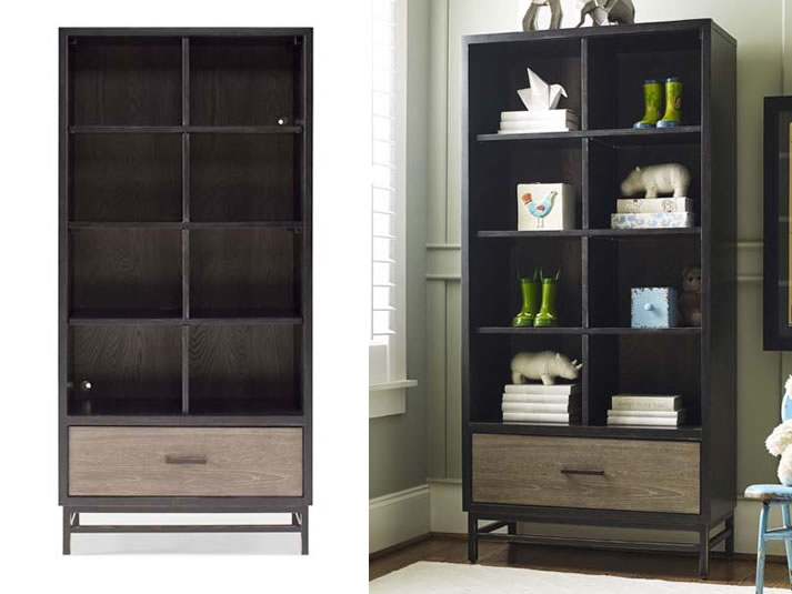 Catalina bookcase in dark finish in versions where it is full and then empty