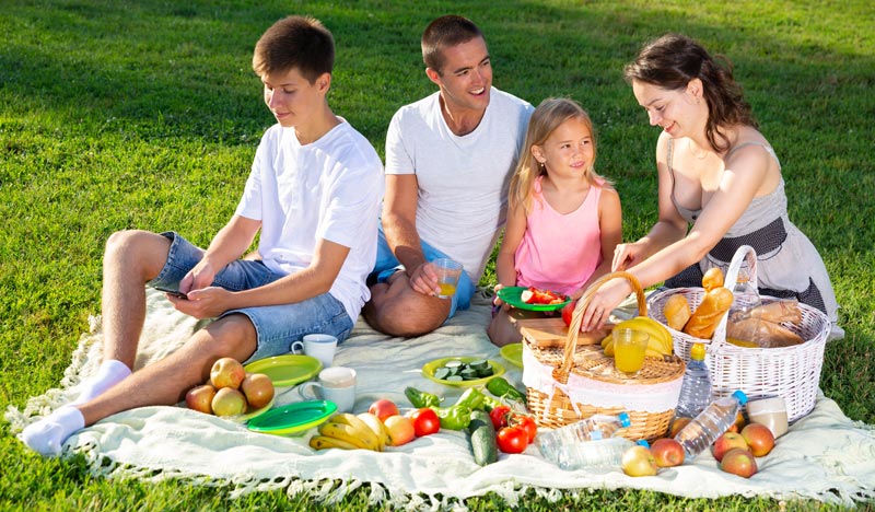 family having picnic on the grass in the park