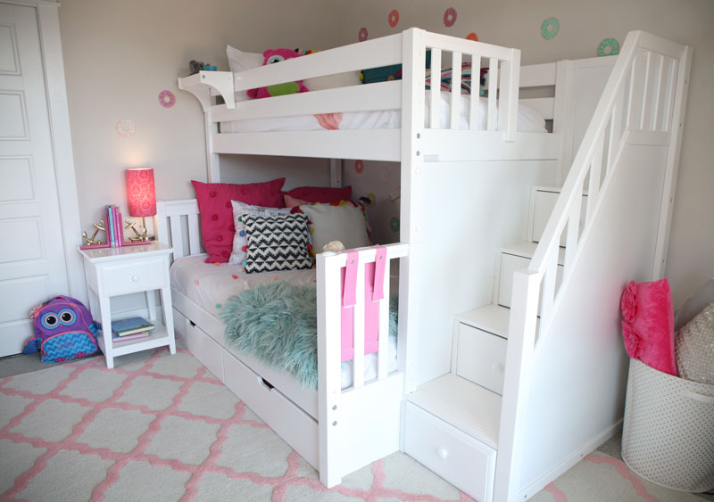 girls bedroom with staircase twin over full bunk bed