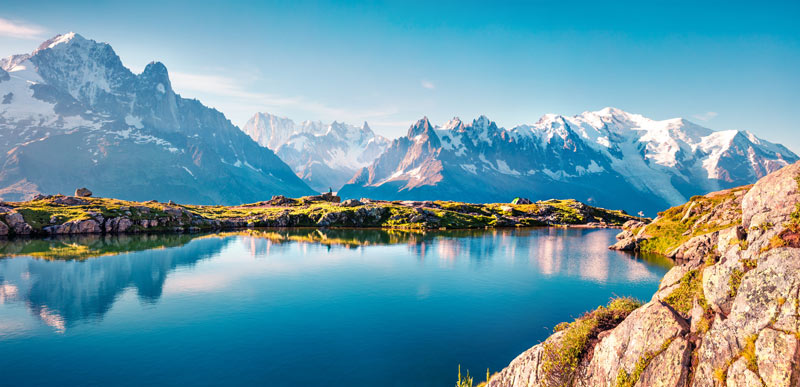 lake in front of snow-capped mountains