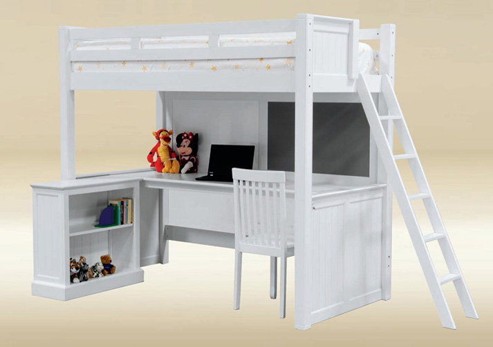 loft bed with chest and desk with cork board in twin size