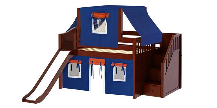 low loft bed with staircase, slide, top tent curtain and in chestnut finish
