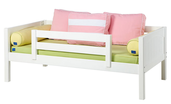 Maxtrix daybed in a white finish sized for toddlers and with a guardrail