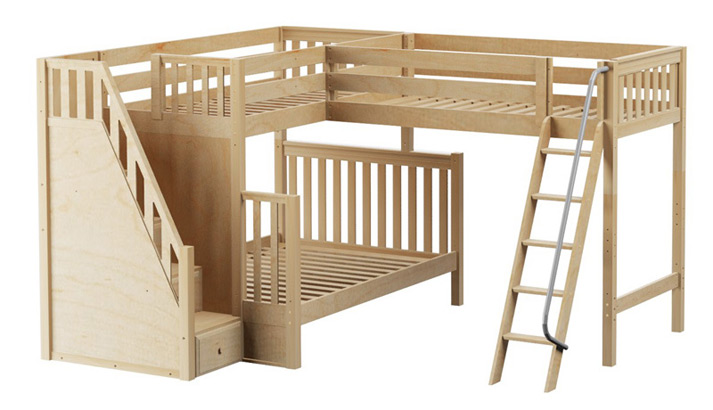 Maxtrix high corner twin over full bunk loft bed with ladders in natural finish