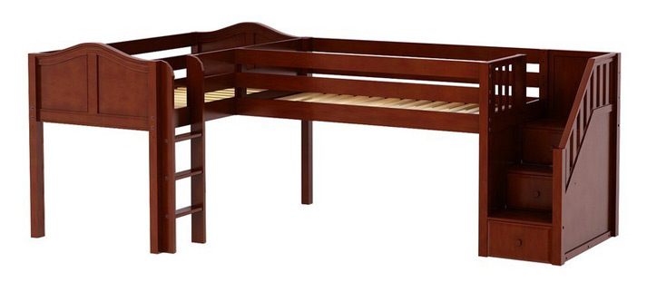 Maxgtrix low corner loft bed with ladder and stairs in chestnut finish