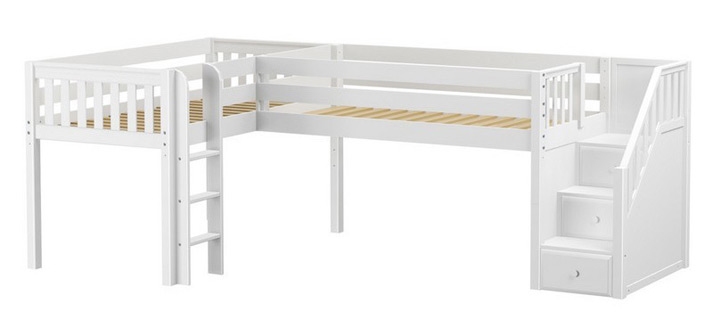 Maxtrix low corner loft bed with ladder and stairs in white finish