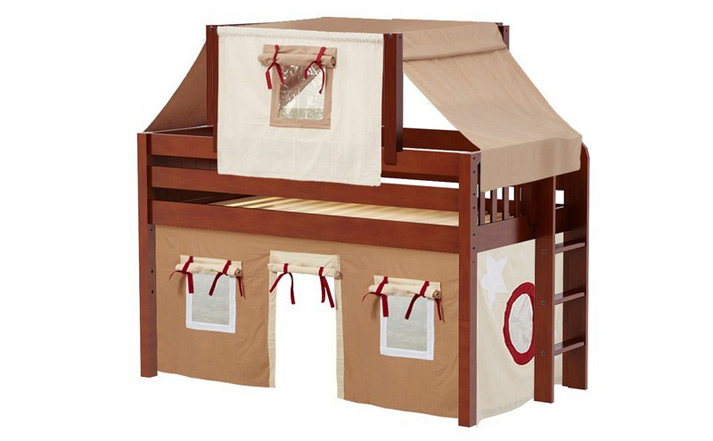 Maxtrix low loft bed with straight ladder and top tent curtain in chestnut finish