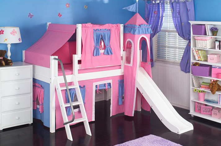 Maxtrix low loft bed with angle ladder, slide, tower top tent curtain in white and pink finish
