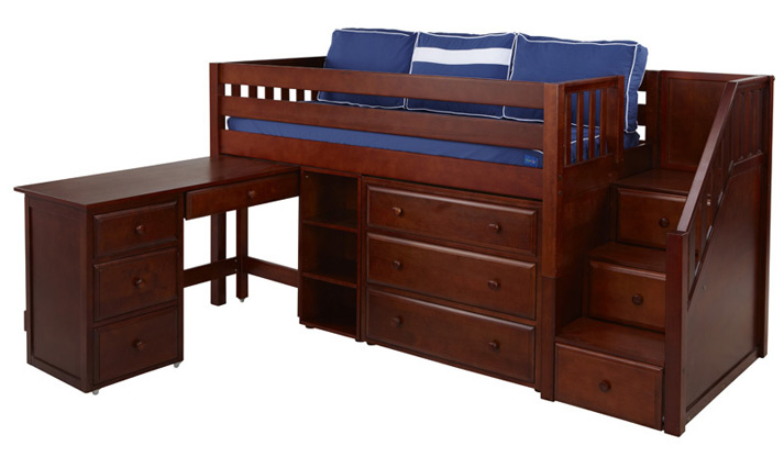 Maxtrix low loft bed with stairs in chestnut finish with desk