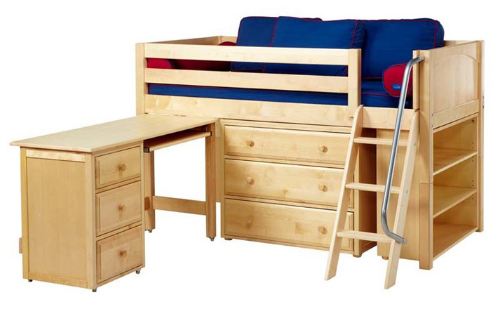 Maxtrix low loft bed in natural finish with desk