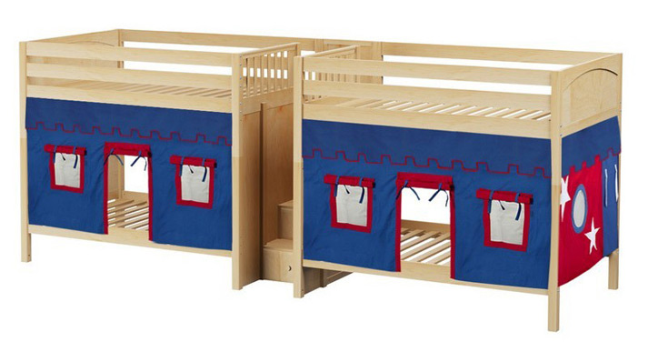 Maxtrix quad high bunk bed with stairs and underbed curtains in natural finish