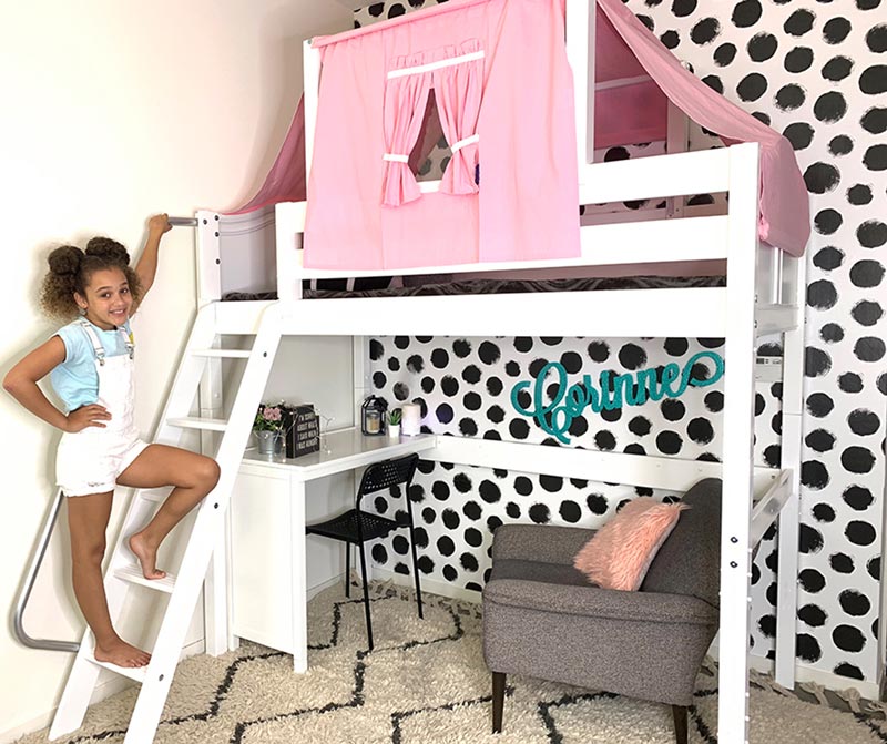 Maxtrix white finish loft bed with decorative tent covering