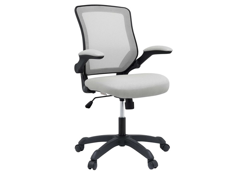 mesh back desk chair with arms and a fabric seat