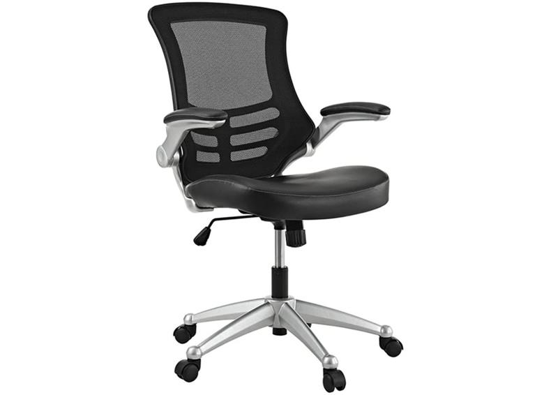 mesh back desk chair with arms and a vinyl seat