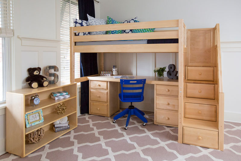 natural finish loft bed by Maxtrix with desk below