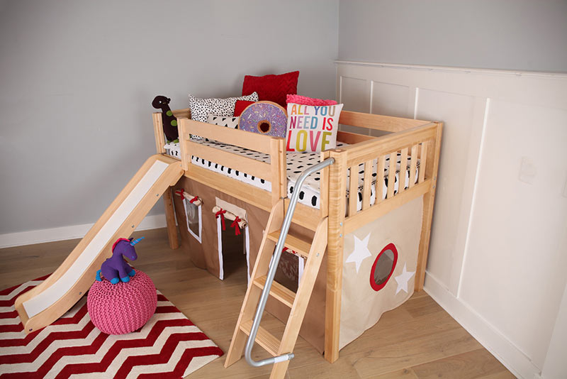 natural finish loft bed with decorative tent curtains