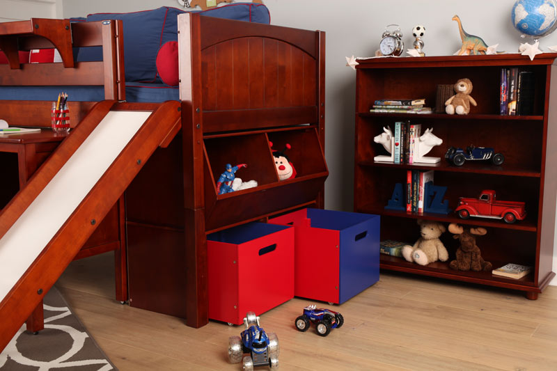 play area with storage bins for kids with a Maxtrix loft bed