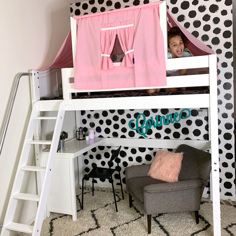 preteen girls Maxtrix bedroom setup with a white loft bed