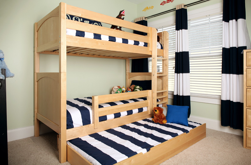 tall Maxtrix natural finish bunk bed with trundle below
