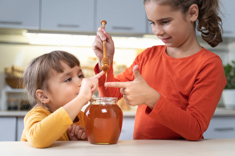 two little sisters in the kitchen messing with honey