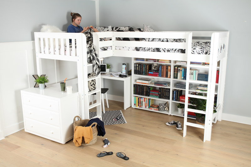 white Maxtrix corner loft bunk bed with teen girl