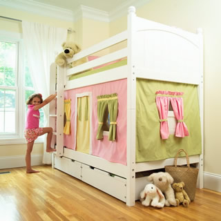 Maxtrix white bunk bed with pink and green curtains and storage underbed