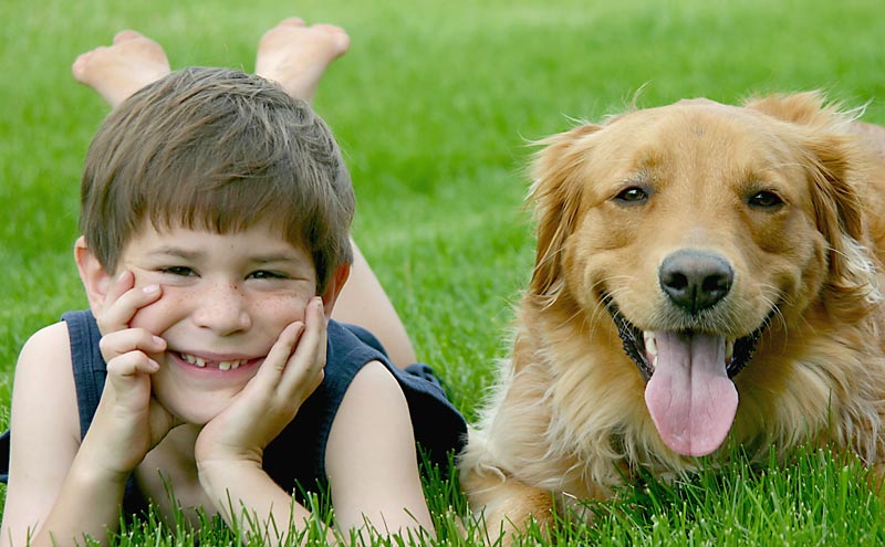 young boy and his dog lying on the grass